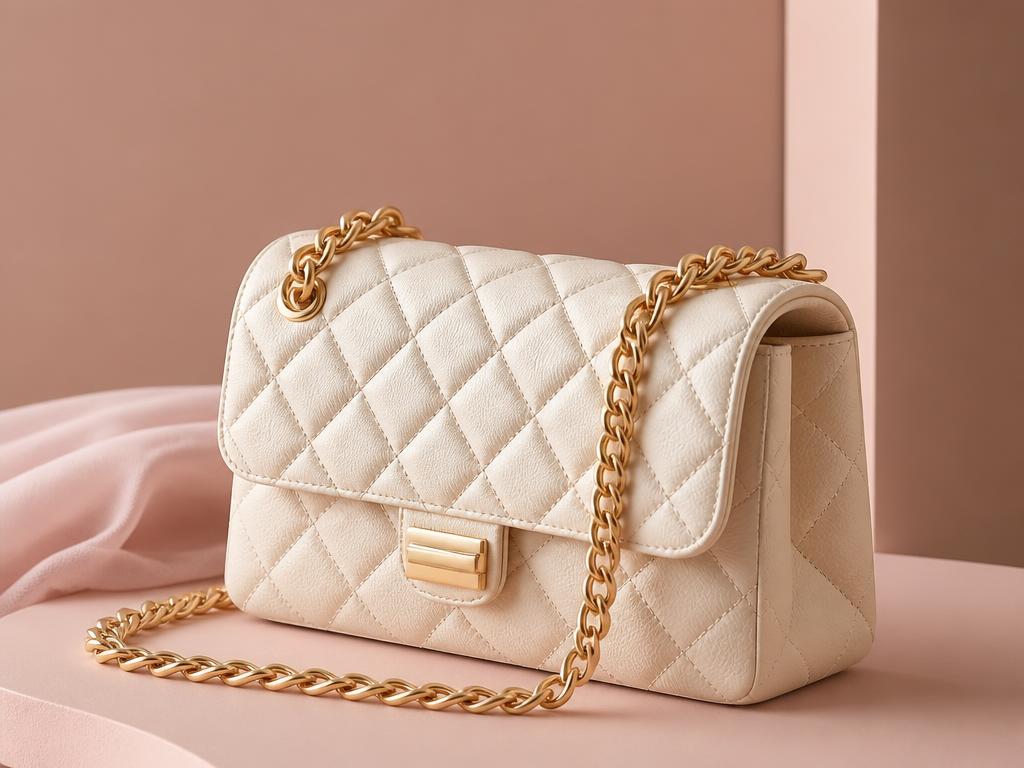 Quilted cream designer handbag with gold chain