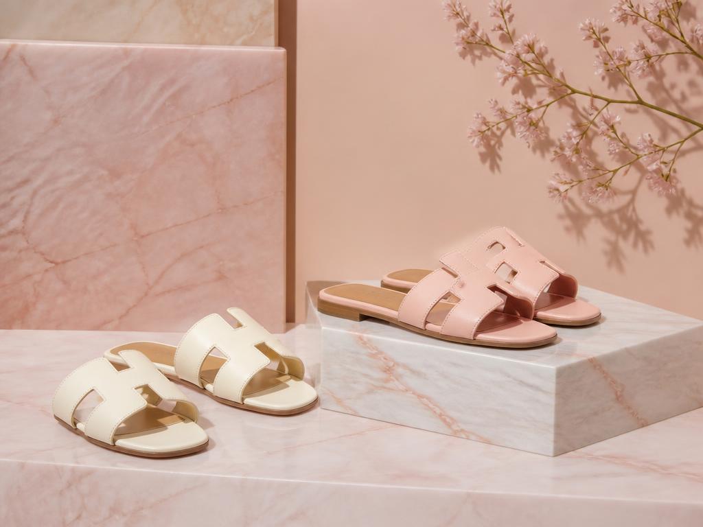 Designer leather slider sandals in cream and blush