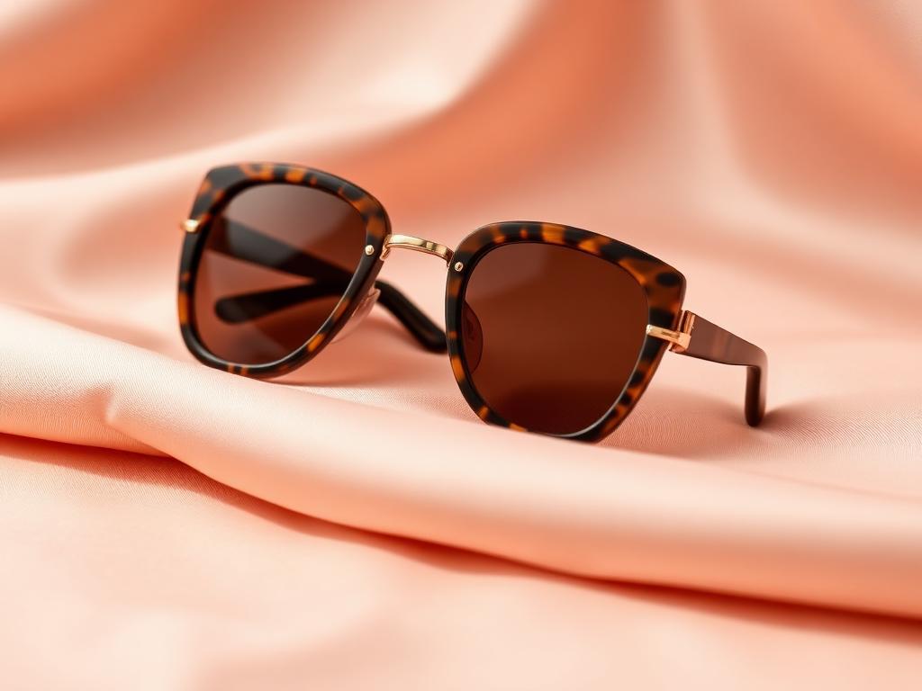 Designer tortoiseshell sunglasses with gold detail on blush silk