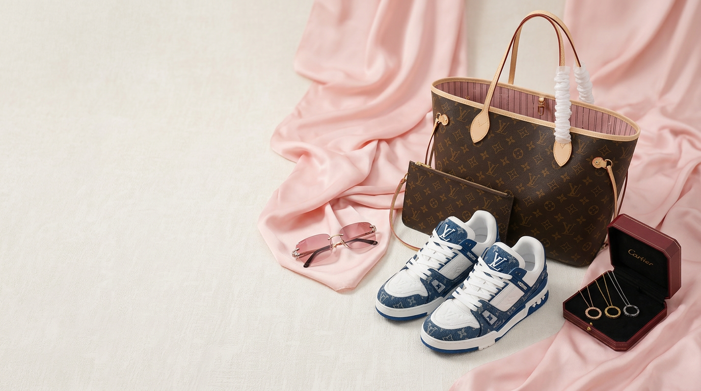 Louis Vuitton tote, denim trainers, pink sunglasses and Cartier jewellery styled on beige and pink silk